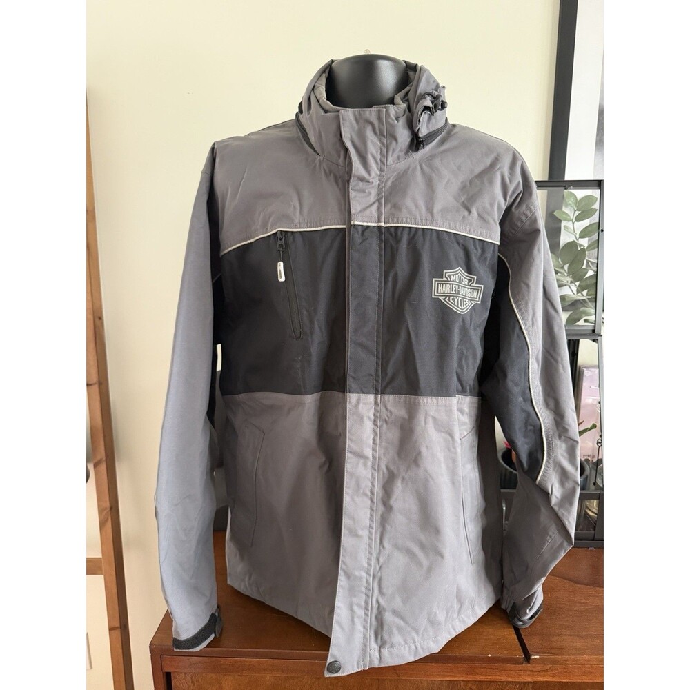 Harley Davidson Y2K Mens L Riding Jacket Gray Hooded Bar Shield 97059-07VX